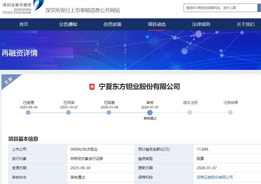 东方钽业不超11.9亿定增获深交所通过 招商证券建功